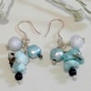 Rare  Larimar, Aquamarine Culture Pearl Cluster Sterling Silver Earrings