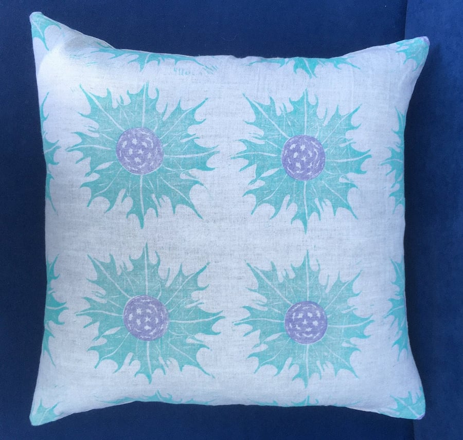 Sea Holly Cushion - Handprinted Lino Print Fabric