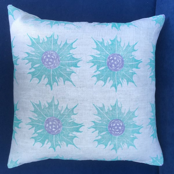 Sea Holly Cushion - Handprinted Lino Print Fabric