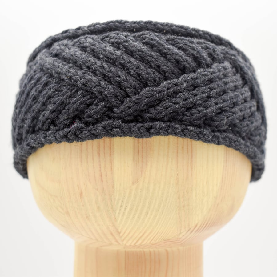 SOLD - Hand Knitted braided headband in charcoal black with buttons