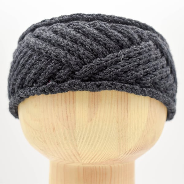 SOLD - Hand Knitted braided headband in charcoal black with buttons