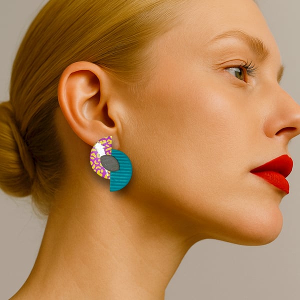 Leopard Print Stud Earrings Forest Green Textured Semi-Circle Earrings