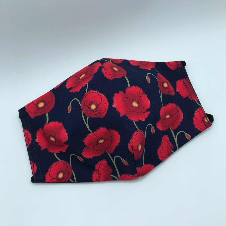 Red Poppies on Navy Blue Face Mask. Triple layered. 100 % Cotton Fabric.