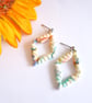 Scalloped Diamond Hoop Polymer Clay Earrings, Cream Pink & Green Dangles - Image 3