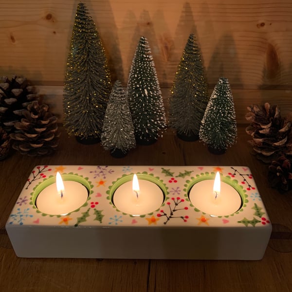 Hand Painted Ceramic Trio Tea light Holder Green, Triple Christmas candle stand