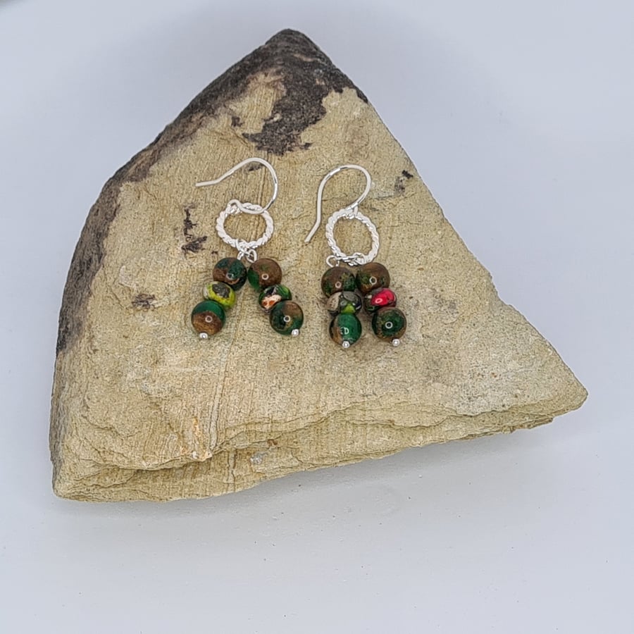 Handmade Sterling Silver Imperial Jasper Dangle Earrings Emerald Quartz