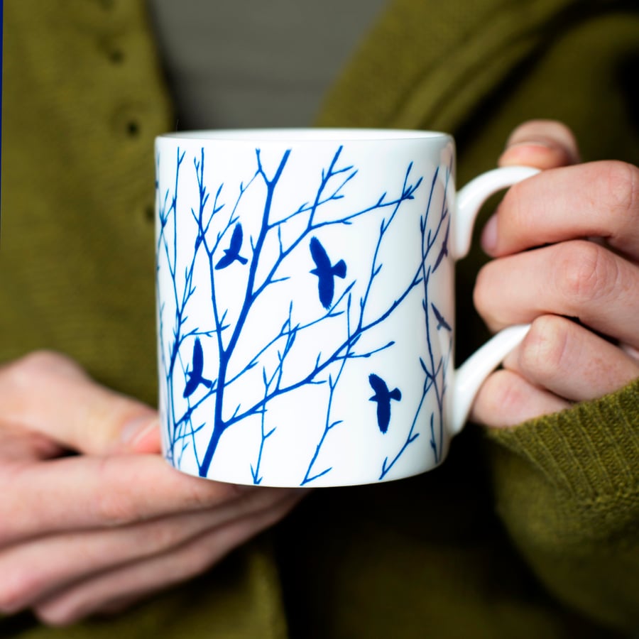 Fine bone china flock of birds & branches blue and white mug Seconds Sunday