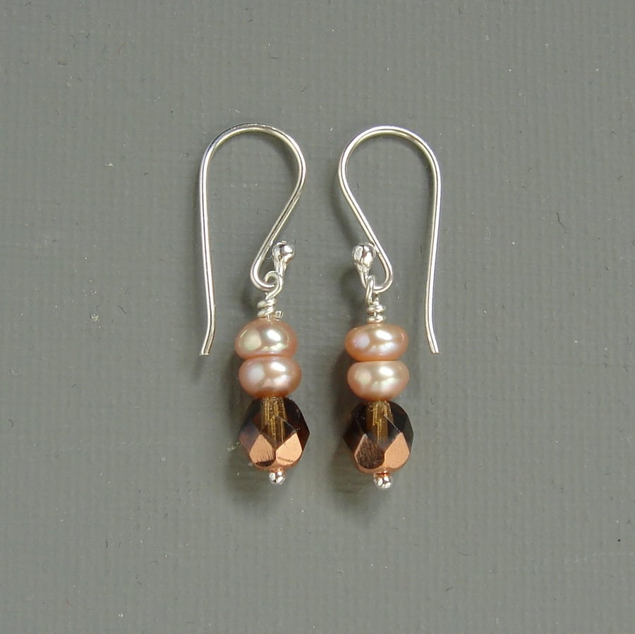 Copper and Peach Freshwater Pearl & Czech Crystal Drop Earrings Sterling Silver