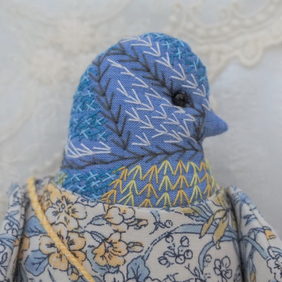 Esme - A Hand Embroidered Blue Tit Folk Art Doll