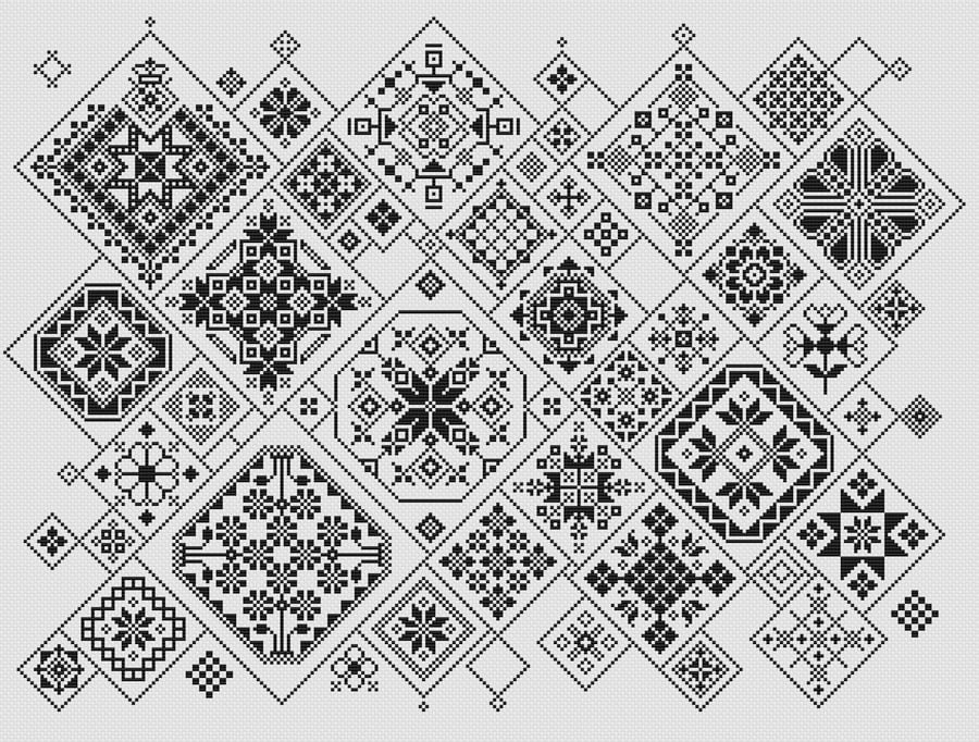 013B Cross Stitch Quaker Sampler, tiled Ackworth patchwork squares Mono