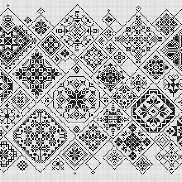 013B Cross Stitch Quaker Sampler, tiled Ackworth patchwork squares Mono