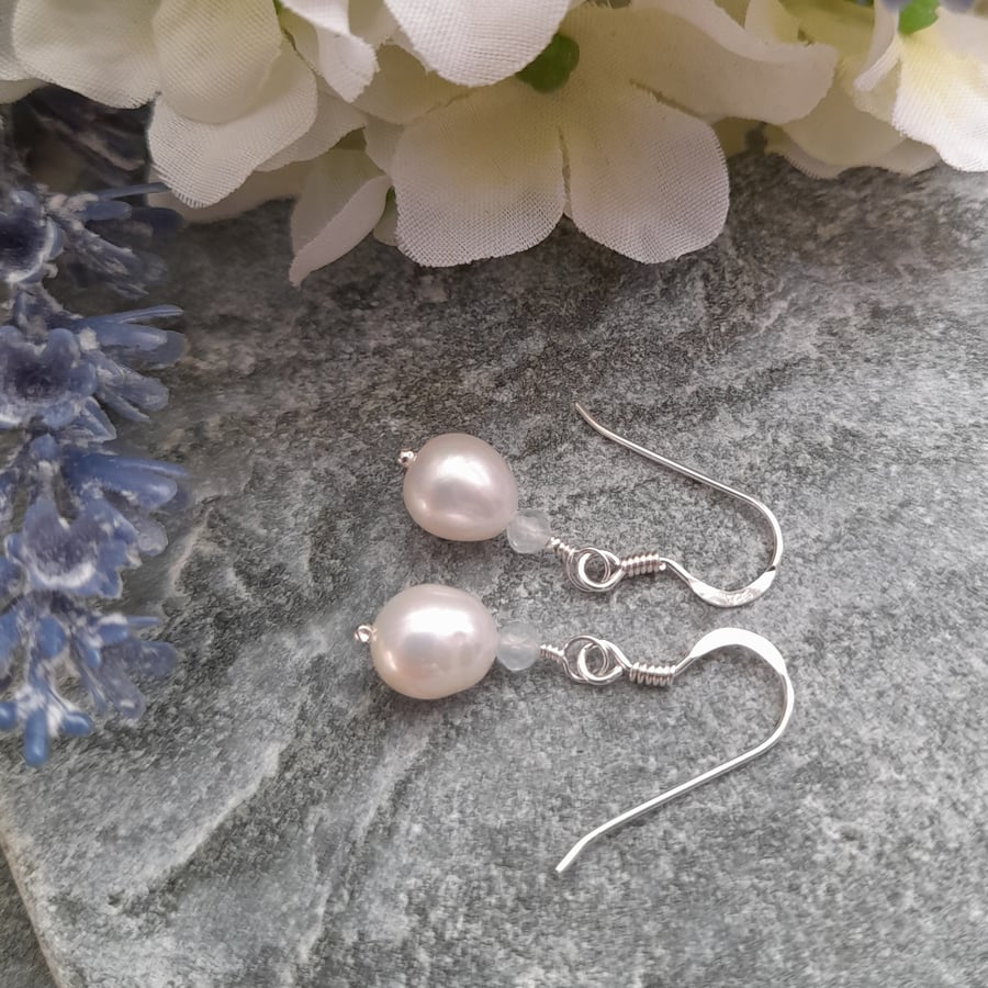 Aquamarine and Freshwater Pearl Sterling Silver Earrings