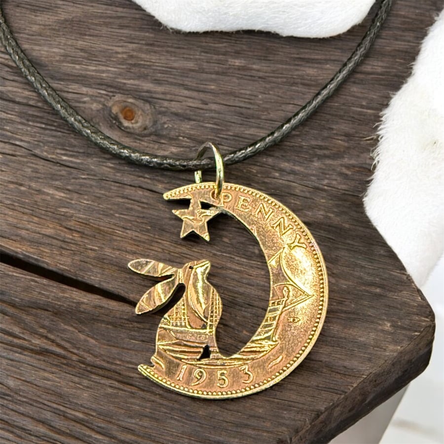 Hare & Moon Handcut halfPenny Coin, Inspired By Guess How Much I Love You 