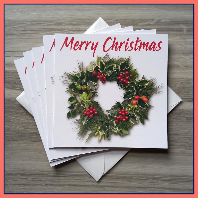 Pack of 5 Christmas Wreath Cards – Blank Inside – Festive Holiday Greeting Cards