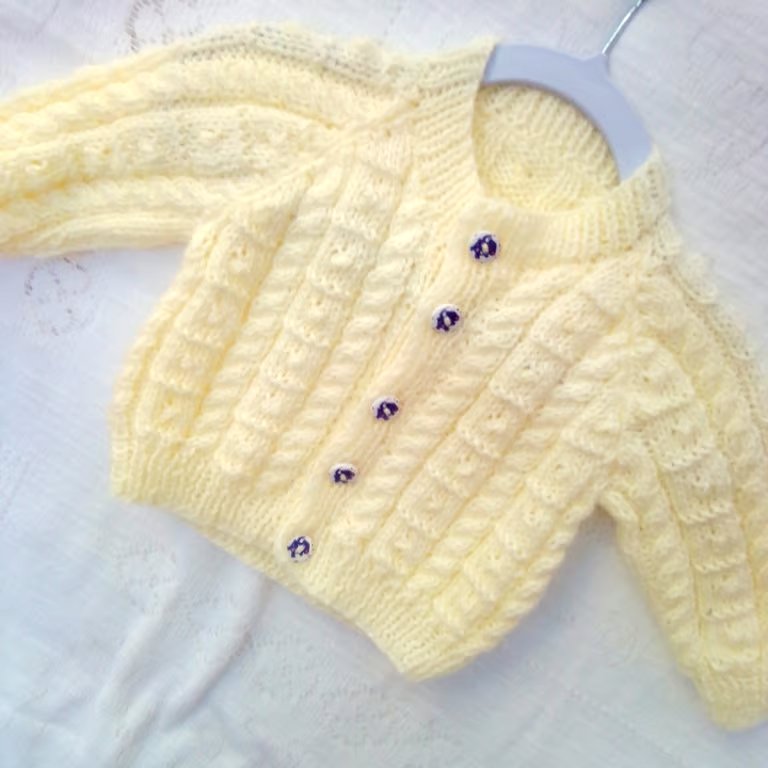 Baby's Knitted Cable and Bobble Pattern Cardigan, Baby Shower Gift, Custom Make