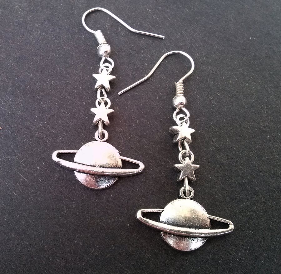 Planet Stars Silver Plate Drop Dangle Celestial Earrings