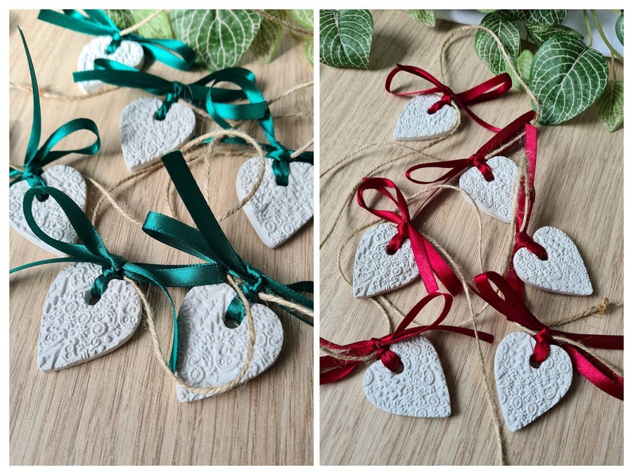 Clay heart Christmas garland red or green ribbon scandi style