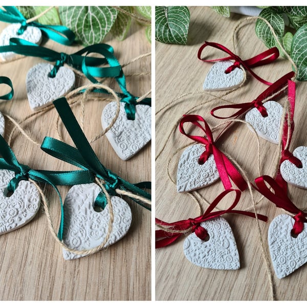 Clay heart Christmas garland red or green ribbon scandi style