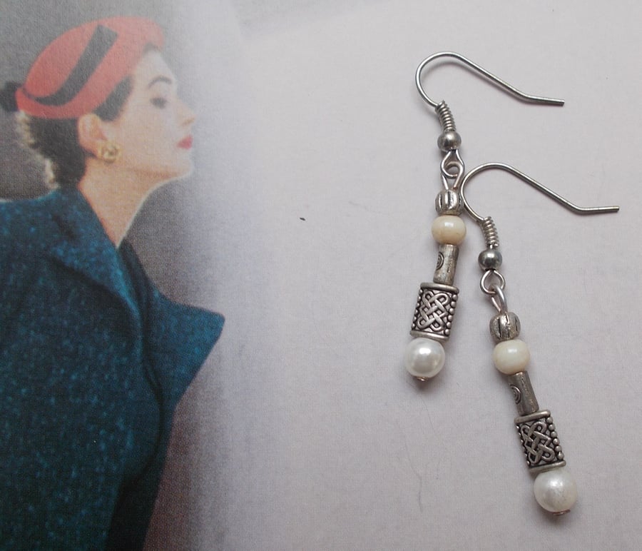 Tibetan Silver Earrings with Tiny Pearls.