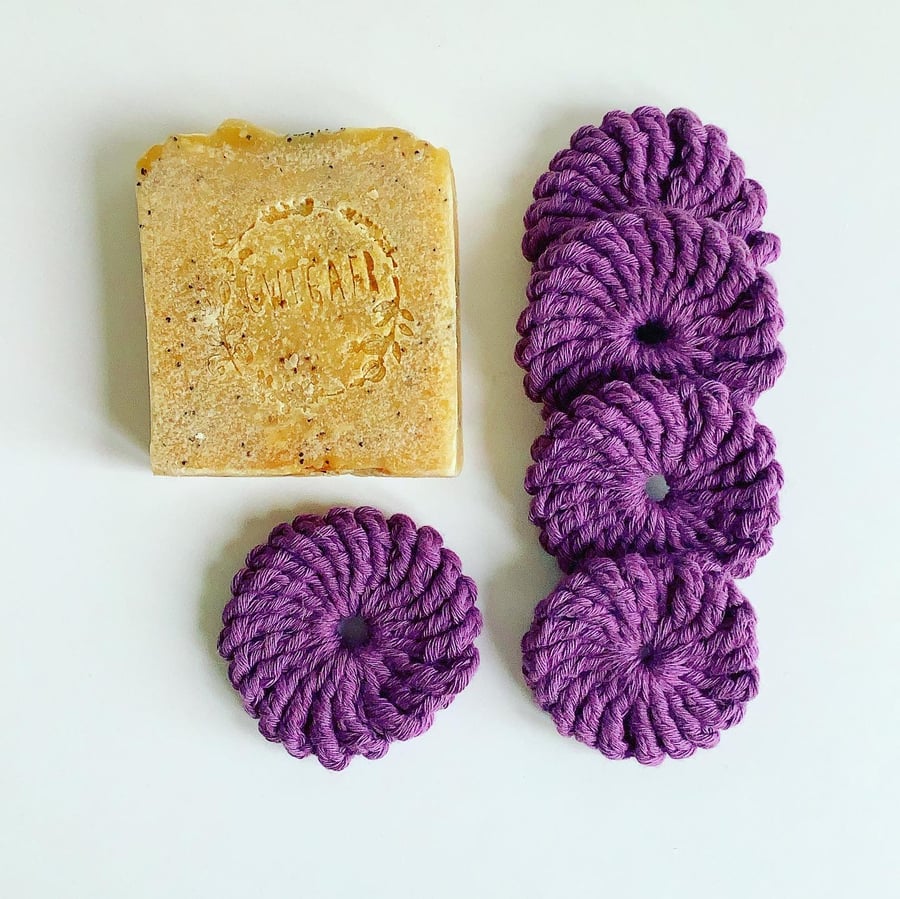 Crochet face scrubbies, pack of five, mulberry organic cotton pads