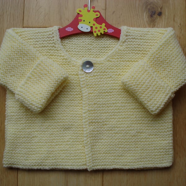 Pretty Hand Knitted Lemon Yellow Cardigan With One Pearl Button (R426)