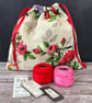 Floral 1940s Vintage Barkcloth Fabric Drawstring Bag, Gift Bag - Red  - Image 4