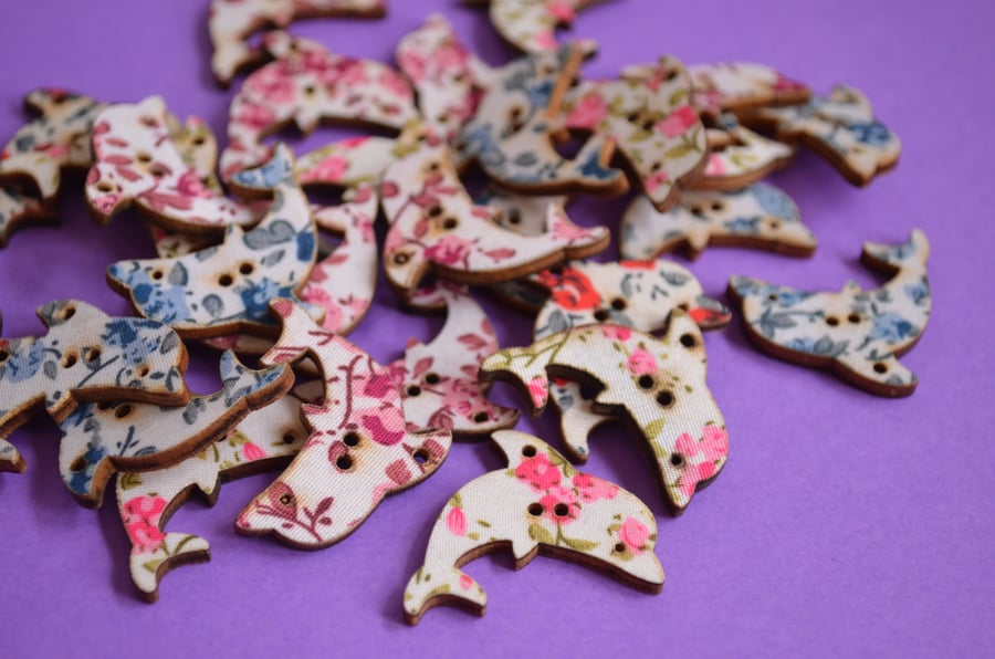 Wooden Dolphin Floral Buttons Mixed 3pk 32x20mm Sea Nautical Flowers (DP5)