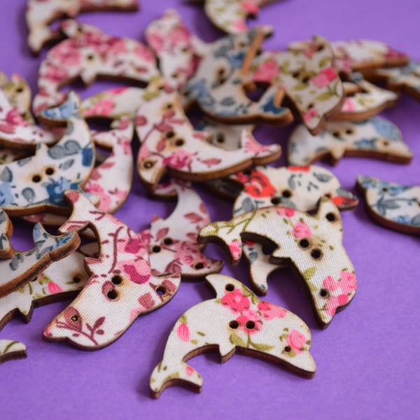 Wooden Dolphin Floral Buttons Mixed 3pk 32x20mm Sea Nautical Flowers (DP5)