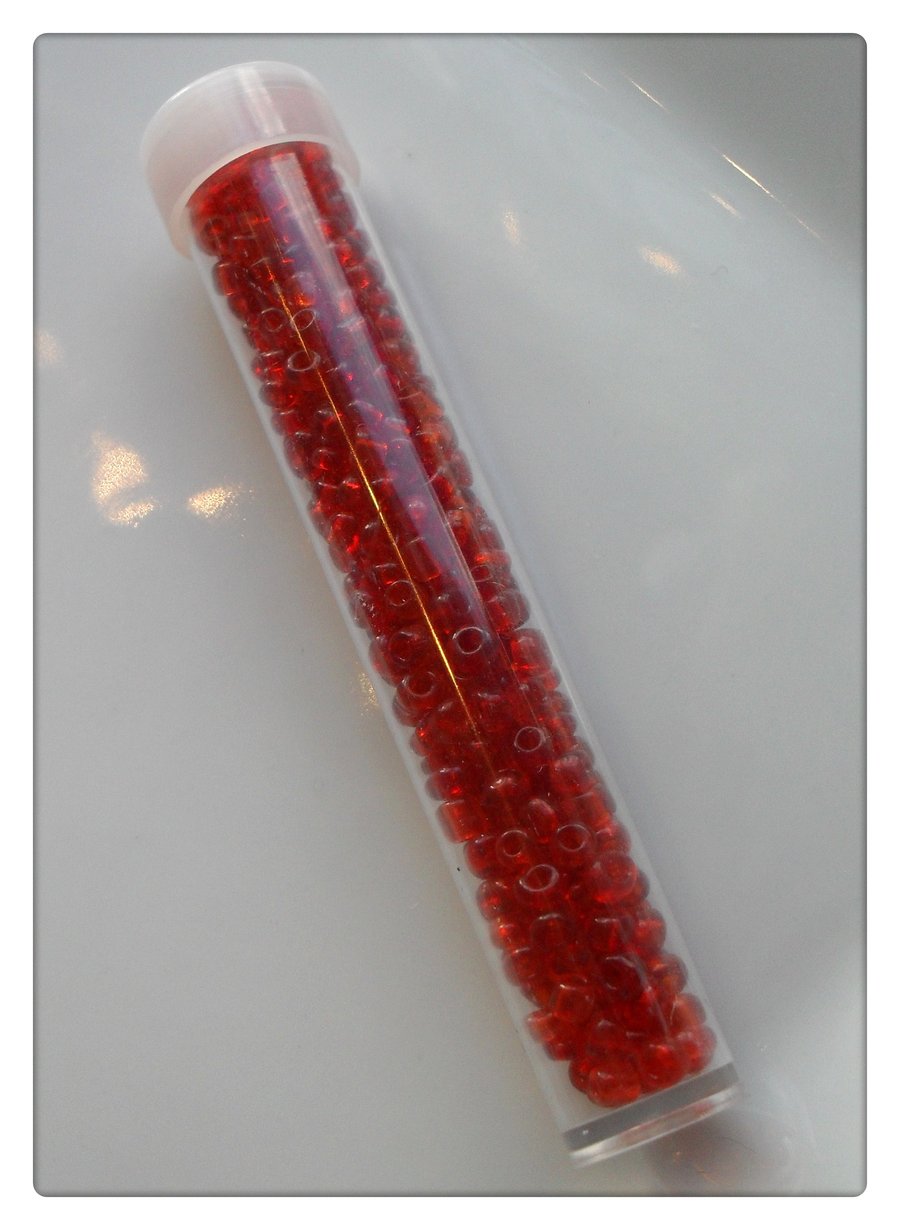 1 x Filled Storage Tube - 7.5cm - 2mm Glass Seed Beads - Red 
