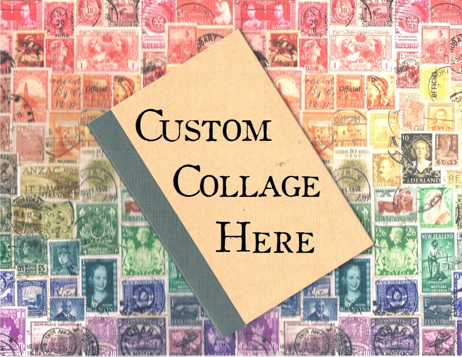 CUSTOM Upcycled Postage Stamp Notebook, A6 - collaged vintage stamps, mail art