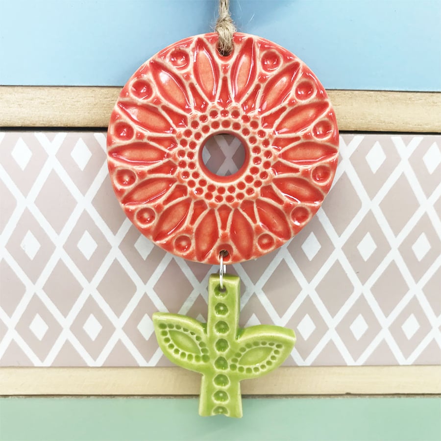 Retro style pottery hanging flower decoration Dark orange