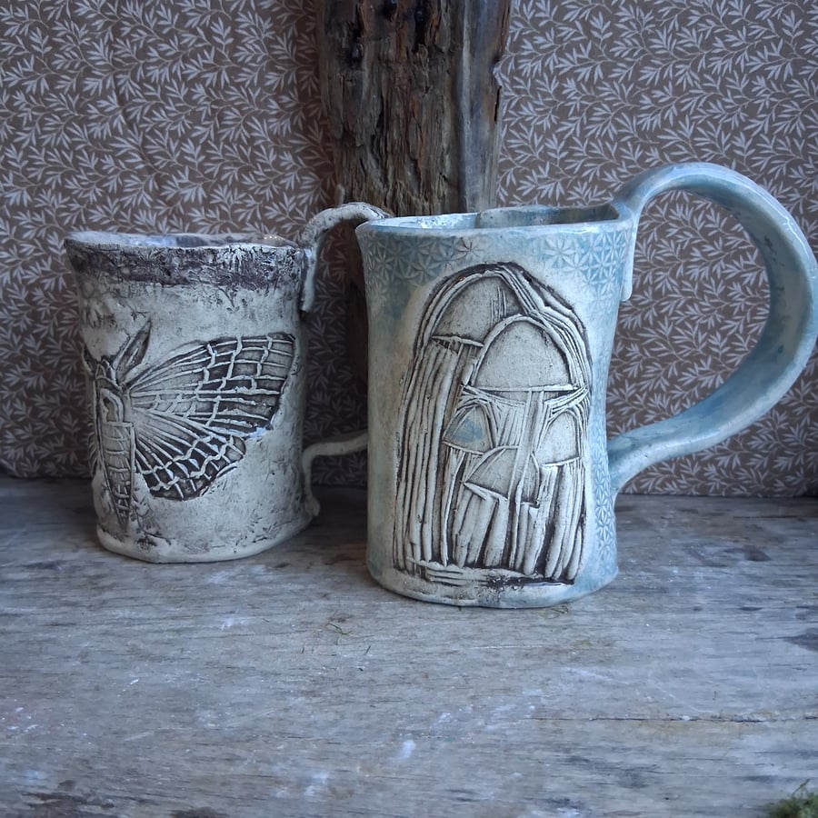 Blue rustic mushroom tea cup - stoneware smaller cup mug