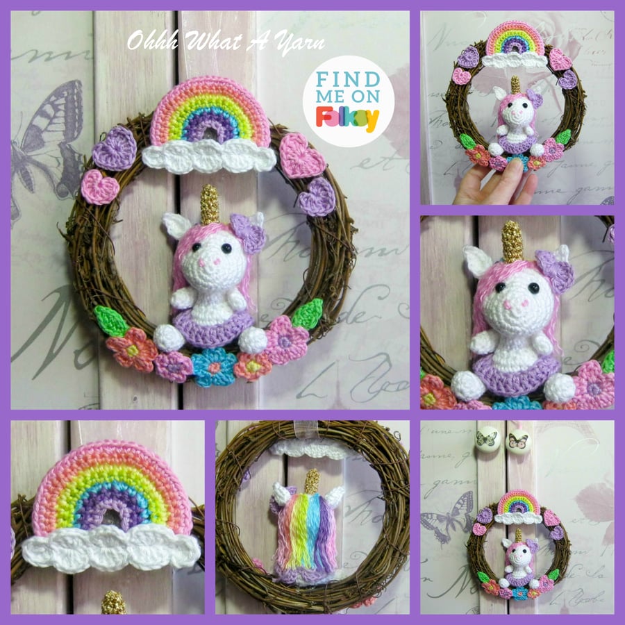 Crochet unicorn, rainbow and floral wreath. Mixed media decorative wreath.