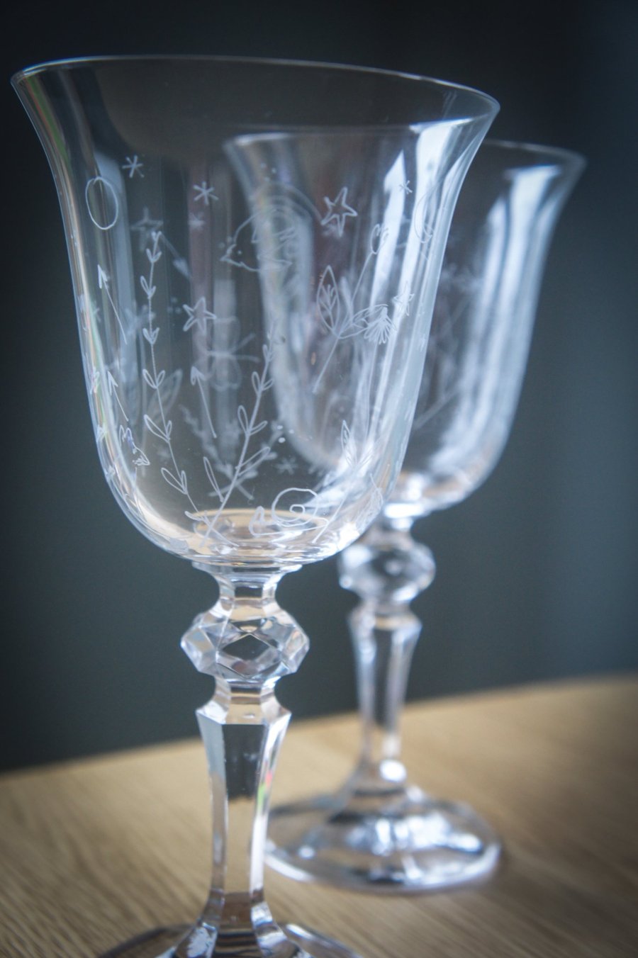 One Pair Of Hand Engraved Crystal Wine Glasses Summer Magic Doodles