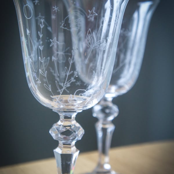 One Pair Of Hand Engraved Crystal Wine Glasses Summer Magic Doodles