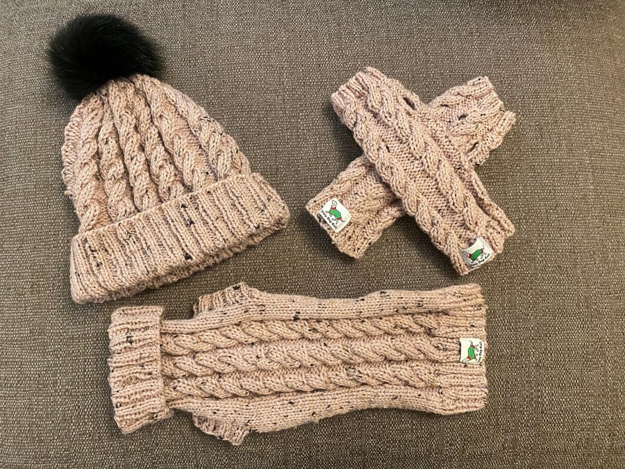 Adult Hat & Wrist Warmers Hand Knitted in Cable stitch to match Dachshund Jumper