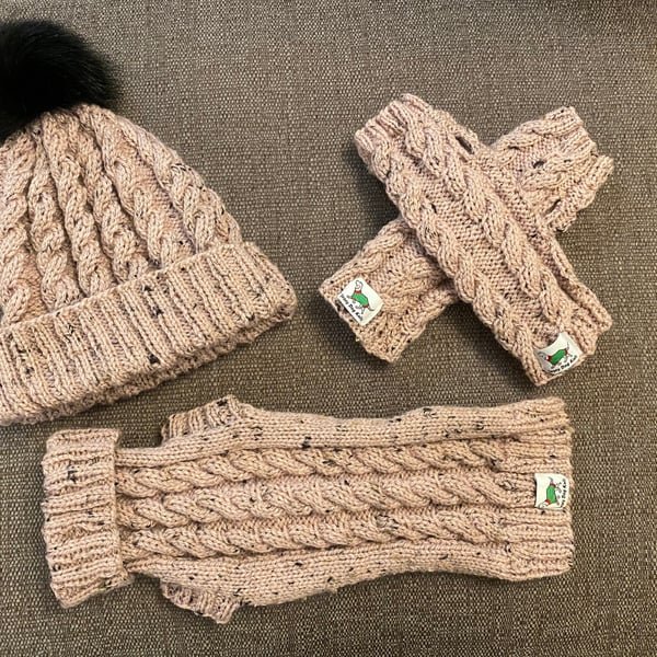 Adult Hat & Wrist Warmers Hand Knitted in Cable stitch to match Dachshund Jumper