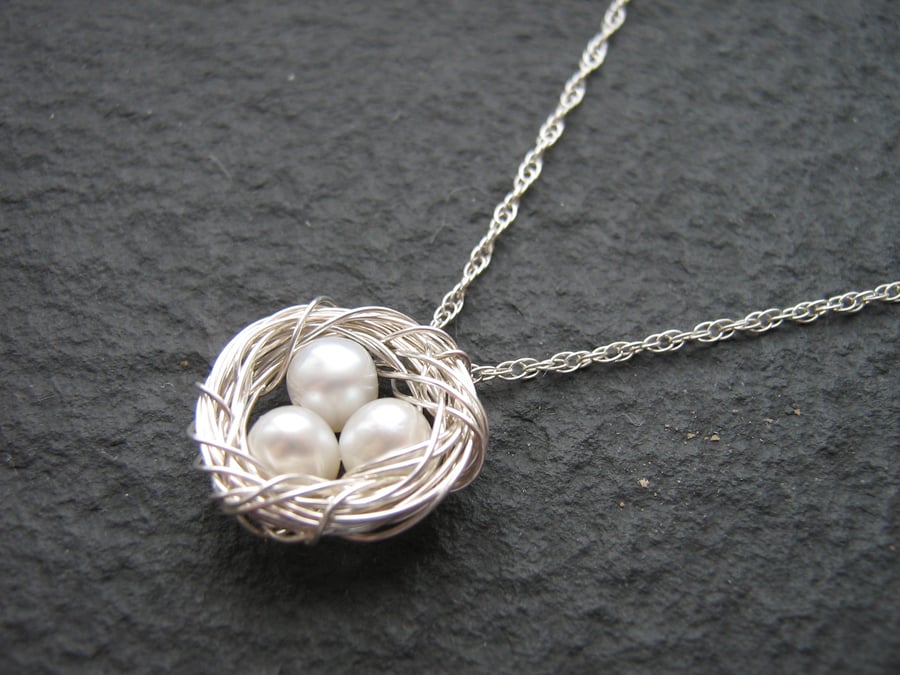 Freshwater Pearl and Sterling Silver Wire Wrapped Nest Pendant