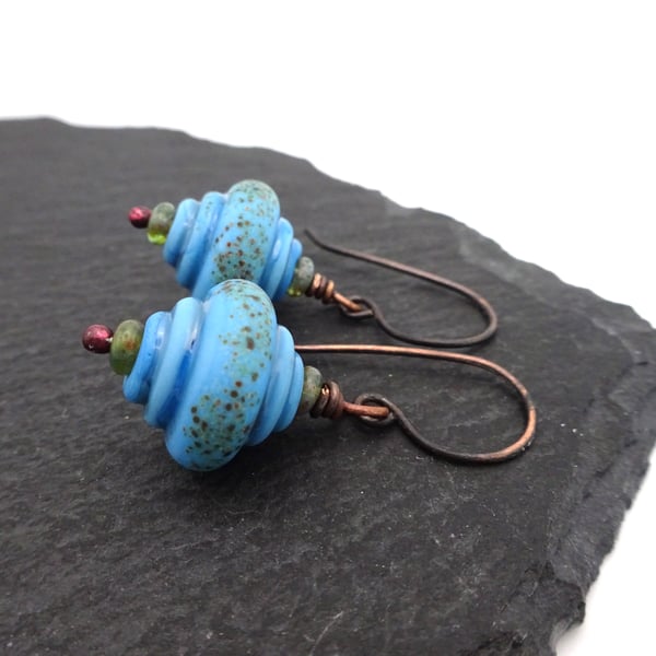 blue lampwork glass and copper earrings