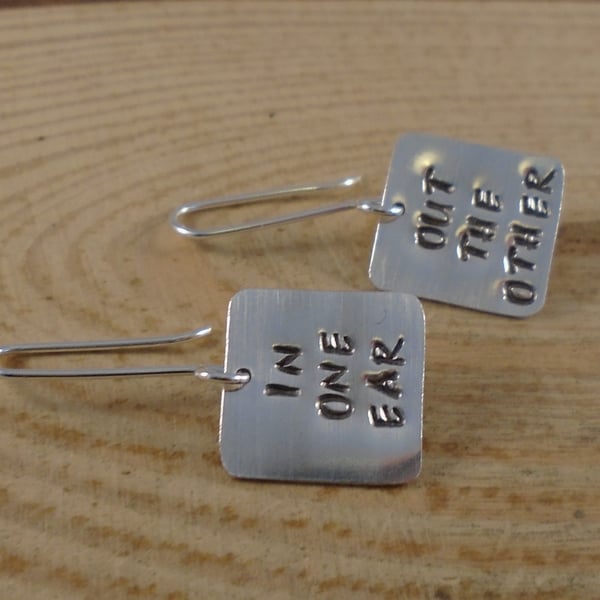 Sterling Silver Stamped 'In One Ear, Out The Other' Earrings