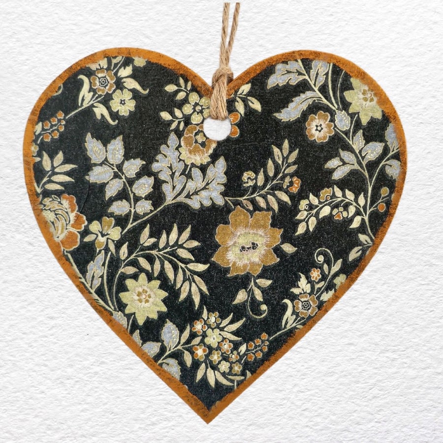 Decoupaged Wooden Hanging Heart 15cm (6"): Floral design