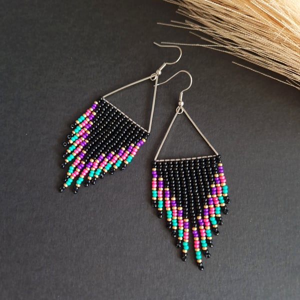 Boho Festival Earrings, Black Beaded Fringe with Purple Pink Seed Beads