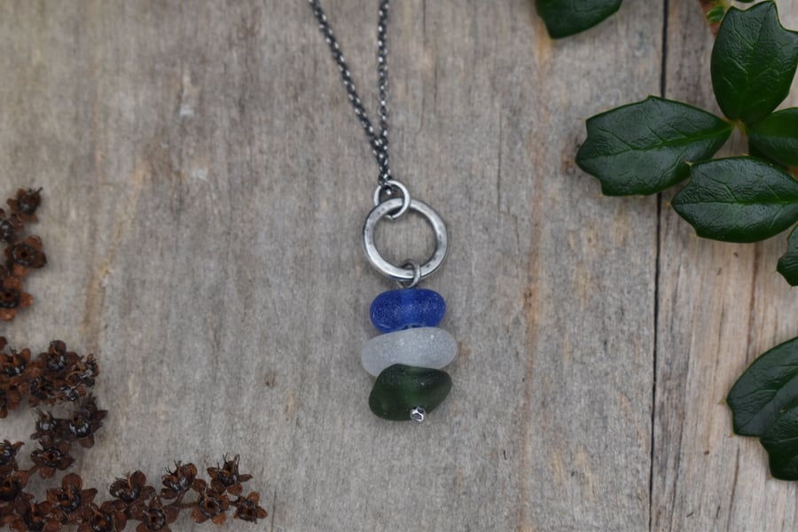 Stacked Sea Glass and Recycled Sterling Silver Necklace, Blue, White & Green