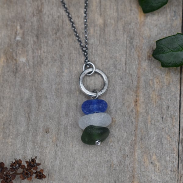 Stacked Sea Glass and Recycled Sterling Silver Necklace, Blue, White & Green