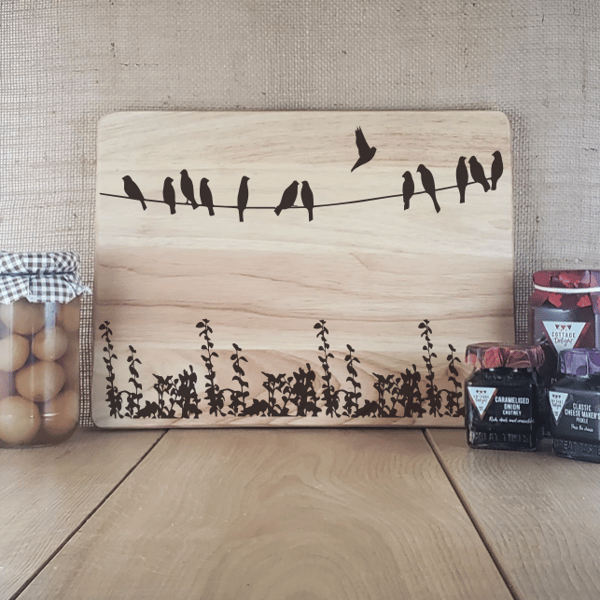 Bird on a Wire - Laser Engraved Wooden Cheese or Chopping Board