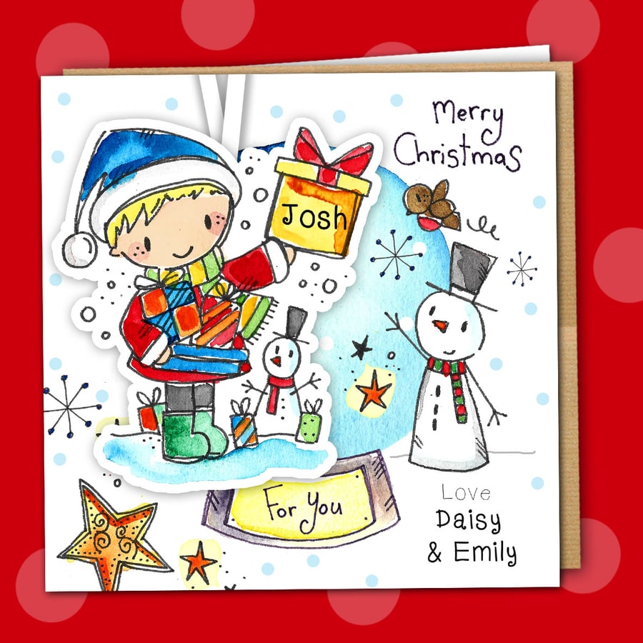 Little Boy & Snowman Dangly decoration personalised white square 6" linen card