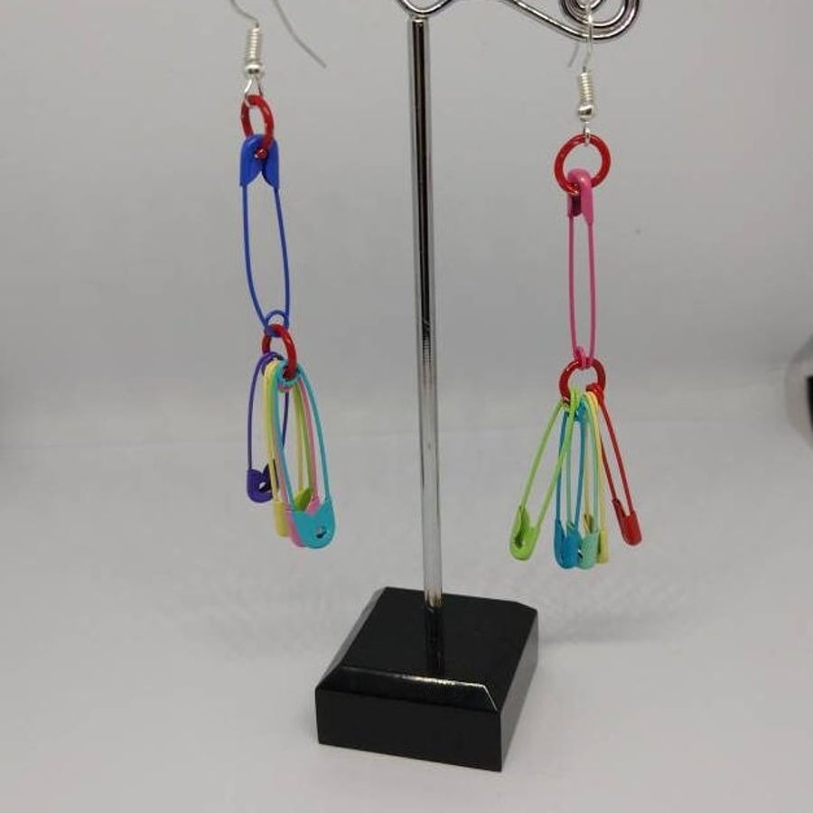 Multicoloured Safety pin Earrings Dangly Handmade x 1 Pair