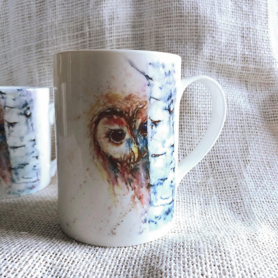 Tawny Owl Watercolour Bone China Mug, 10oz, Wildlife Art Mug by Artist Sandi Mow