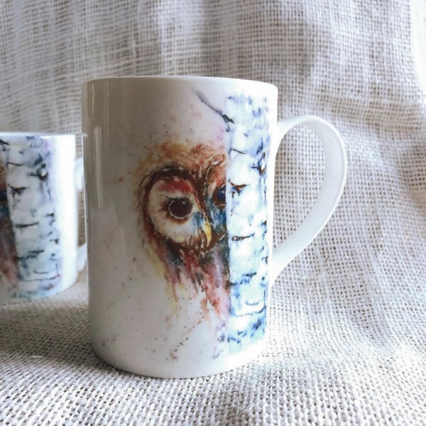 Tawny Owl Watercolour Bone China Mug, 10oz, Wildlife Art Mug by Artist Sandi Mow