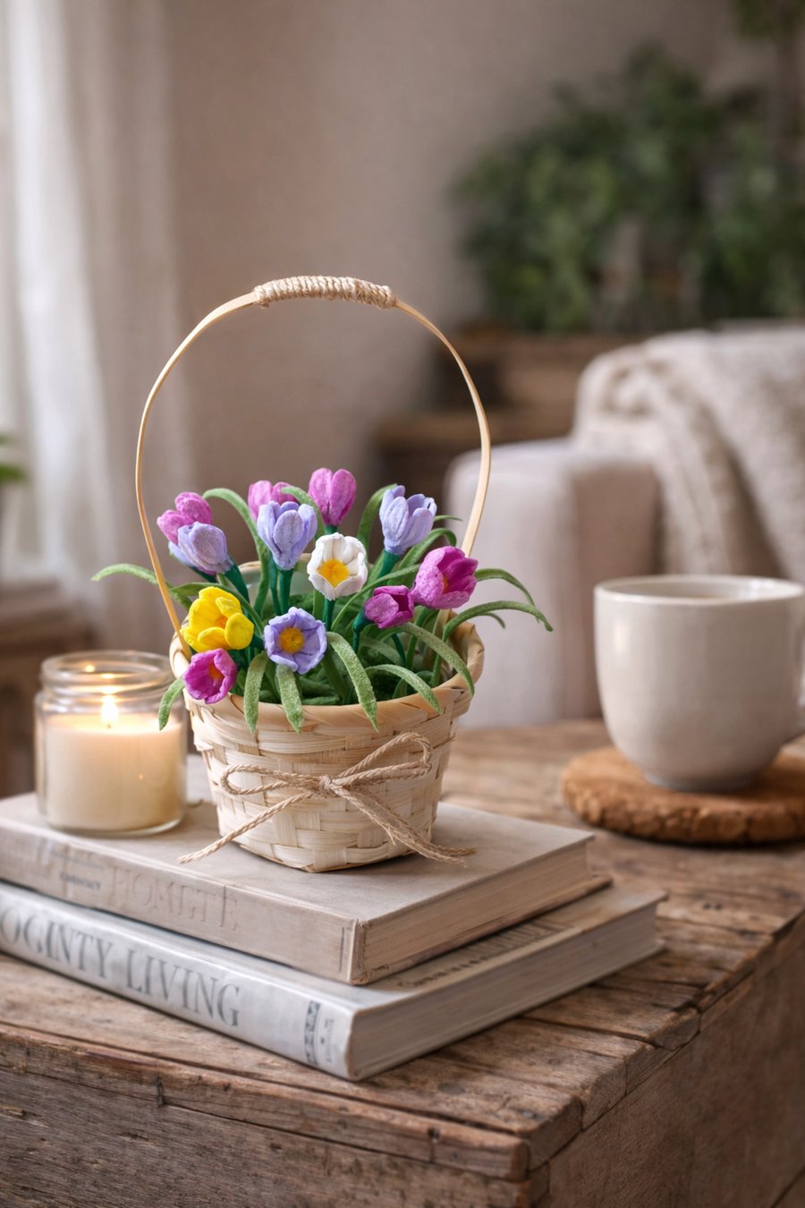 Spring Crocus Basket – Handmade Pipe Cleaner Flowers – Rustic Basket Arrangement